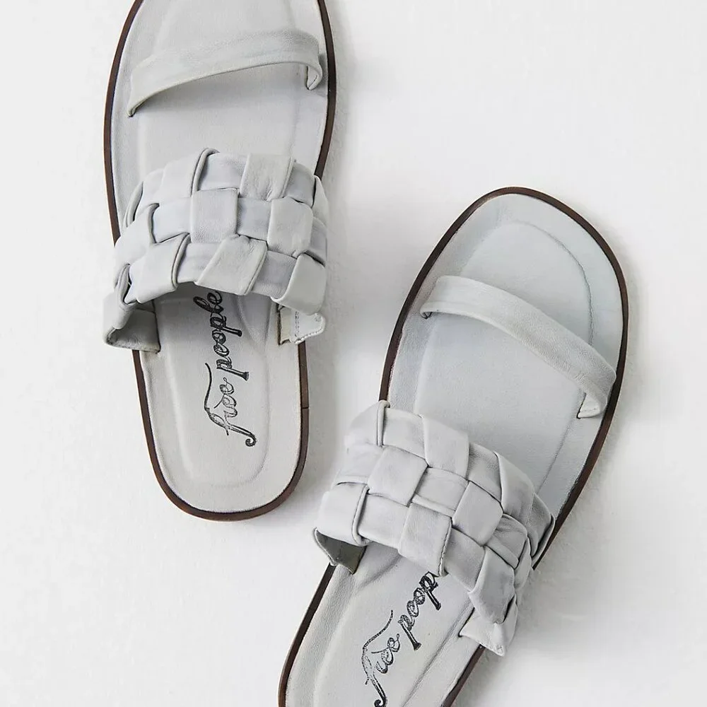 🖤 Free People Winding River Slip-On Flat Quilted Woven Sandals Grey Blue
